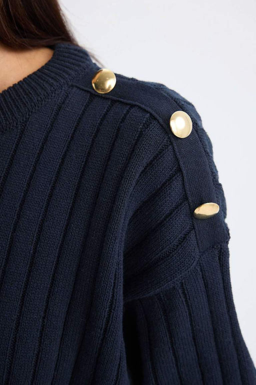 Женский темно-синий свитер в рубчик свободного кроя с круглым вырезом и подола - Defacto фото 5