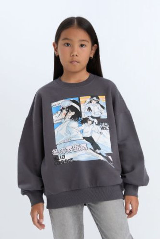 K?z Cocuk Oversize Genis Kal?p Bisiklet Yaka Bask?l? Sweatshirt
