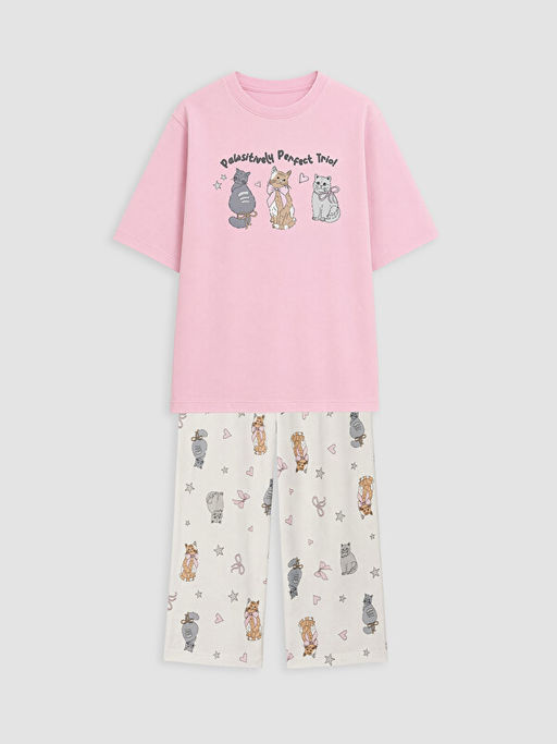 Bisiklet Yaka Bask?l? K?z ?ocuk Pijama Tak?m
