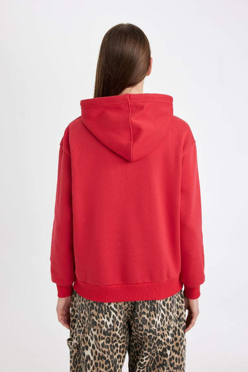 Женская красная толстая базовая однотонная толстая толстая базовая толстовка с капюшоном и карманом-кенгуру Relax Fit - Defacto фото 7
