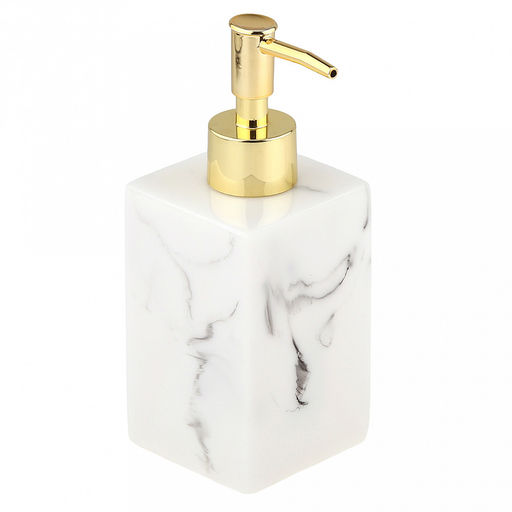 Набор для ванной "Камея" 4 предмета: дозатор для мыла 300мл; мыльница 12,4х8,5х1,8см; стакан для зубных щеток и зубной пасты; стакан 270мл; фурнитура пластик "под золото", акрил, бело-серый, в коробке (Китай)