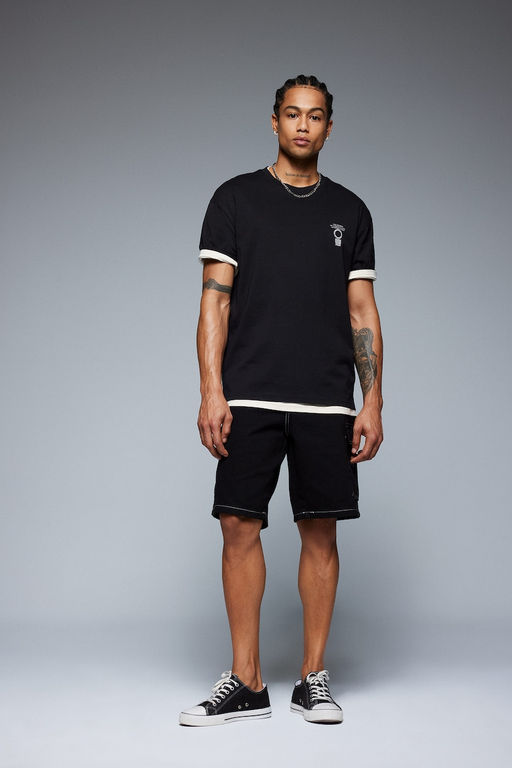%100 Pamuk Boxy Fit Bisiklet Yaka S_rt Bask_l_ K_sa Kollu Ti__rt