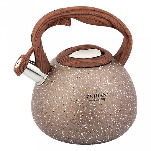 Чайник из нержавеющей стали "Zeidan" 3л, со свистком, литой корпус, внешнее антипригарное мраморное покрытие, устойчивое к высоким температурам, фиксированная прорезиненная ручка "под дерево", курковый механизм, индукционное дно, коричневый, подарочн