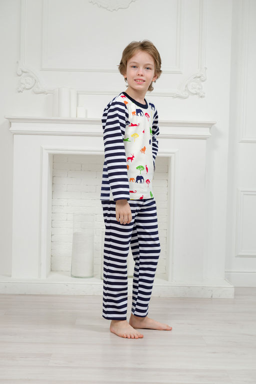 Пижама детская из джемпера и брюк без манжет из интерлока Сафари темно-синий полоса - Амадэль фото 26