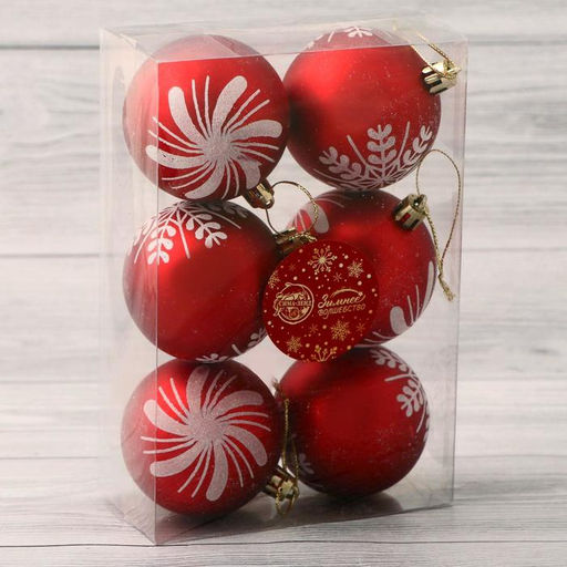 Ёлочные игрушки Снежинки ассорти, шары новогодние, d=6 см, набор 6 шт., красный - Зимнее волшебство фото 2