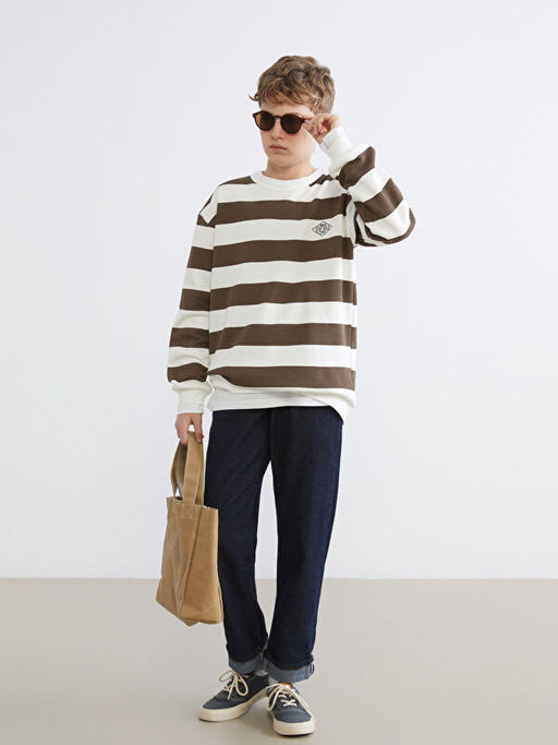 Bisiklet Yaka ?izgili Erkek ?ocuk Sweatshirt