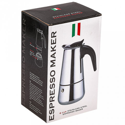 Кофеварка из нержавеющей стали, гейзерная, на 4 чашки, 250мл д8,5см h16см, бакелитовая ручка, подарочная коробка (Китай)