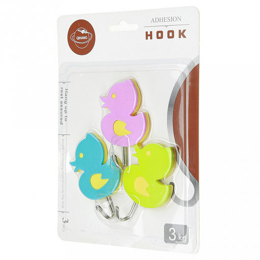 Крючок на липучке "Уточки" металлический с пластмассовым основанием, 3 штуки 7,5х4,7х2см, цвета микс, в блистере (Китай)