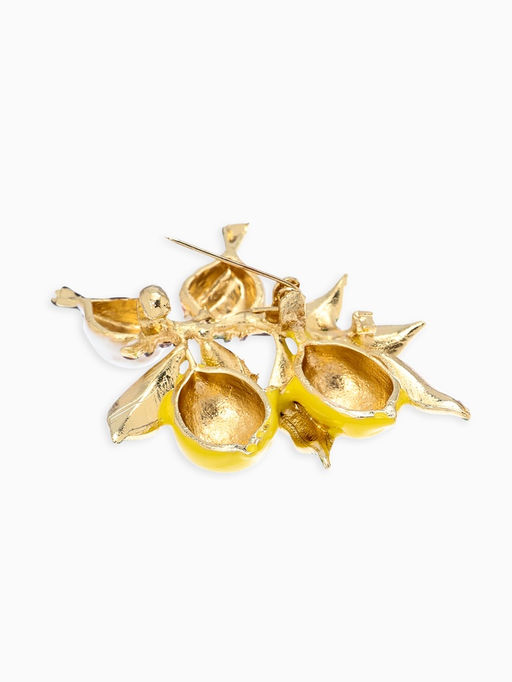 Брошь "Воробьи на ветке лимона", цветная в золоте