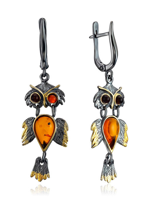 Оригинальные серьги Сова из натурального янтаря