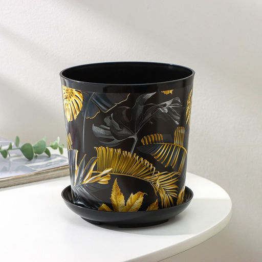 Горшок для цветов с поддоном Доляна «Голди.Тропики», 1,6 л, d=14 см, h=15,5 см, пластиковый, цвет чёрный