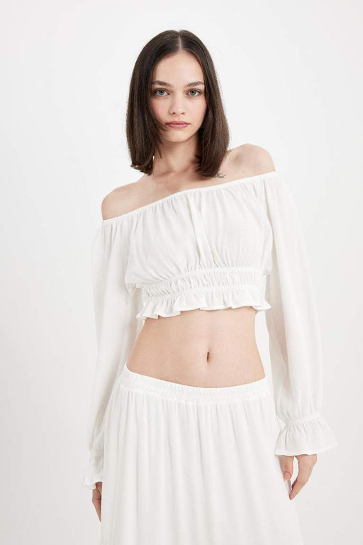 Блузка обычного кроя с открытыми плечами и жатой тканью с длинными рукавами - Defacto фото 4