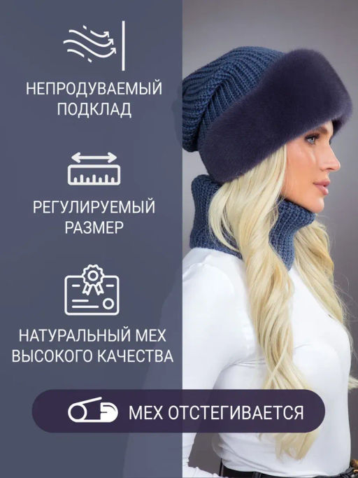 шапка Ника норка трикотаж байкал - Davidovfox фото 5