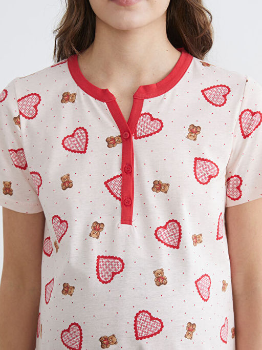 Ka??k Yaka Kalp Desenli Hamile Gecelik