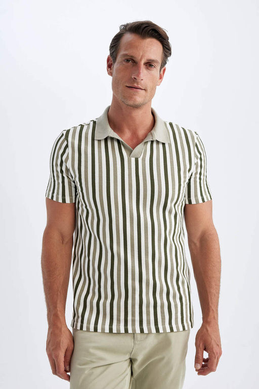 Slim Fit Dar Kesim Cizgili K?sa Kollu Polo Tisort - Defacto фото 2