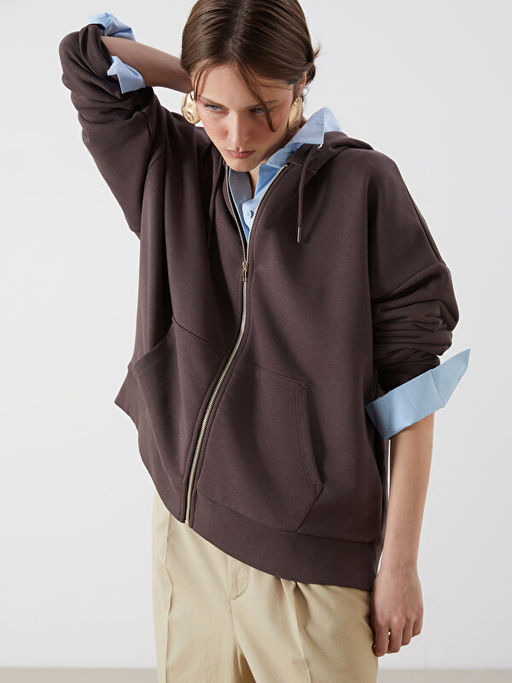 Kap??onlu Oversize Kad?n Fermuarl? Sweatshirt
