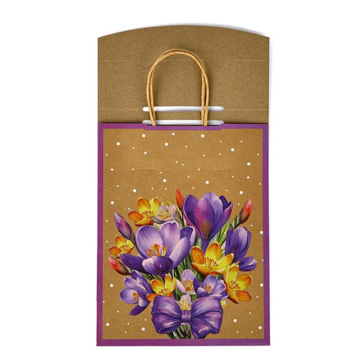 Пакет с клапаном Подарок, цветы, крафт, глиттер, 19.5?10?25 см