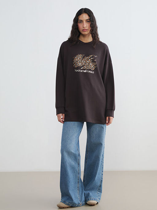 Bisiklet Yaka Desenli Kad?n Sweatshirt Tunik