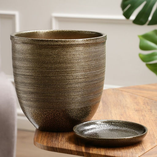 Горшок для цветов Тёмное золото, керамический, с поддоном, 5 л, коричневый с золотой полосой - Simaland фото 3