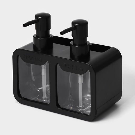 Двойной дозатор для мыла и моющего средства, с губкой в комплекте, по 300 мл, чёрный