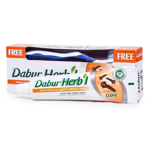Зубная паста с гвоздикой DABUR HERBL Toothpaste CLOVE (укрепляющая, защита от кариеса) with Toothbrush + зубная щётка ср. жесткости 150 г.