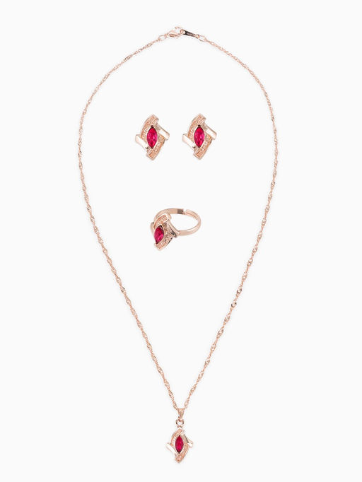 Гарнитур 3 предмета: серьги, кулон, кольцо Эдель ромб совершенство, цвет розовый в золоте, 45 см
