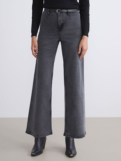 Beli Kemerli Wideleg Kad?n Jean Pantolon