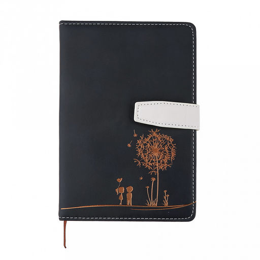 Ежедневник недатированный 14,2х21см "Одуванчик" 112 листов, в линейку, сшитый внутренний блок, с закладкой, обложка кожзам, отделочная строчка, тиснение золотом, цвет темно-синий, застежка на магните (Китай)