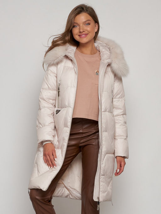 Пальто утепленное с капюшоном зимнее женское бежевого цвета 13305B - Visdeer фото 14