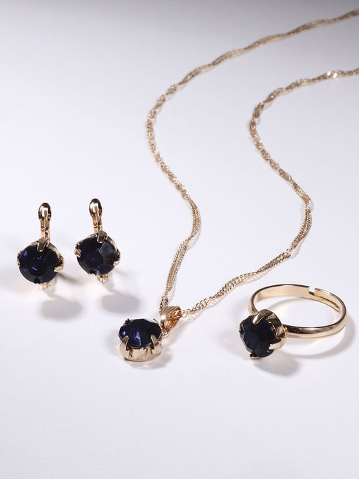 Гарнитур 3 предмета: серьги, кулон, кольцо безразмерное Эдель бусинка, цвет синий в золоте, 45 см