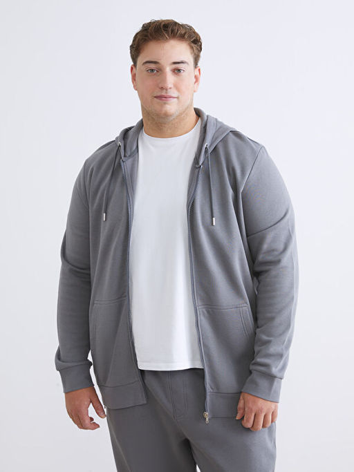 B?y?k Beden Kap??onlu Erkek Kal?n Fermuarl? Sweatshirt