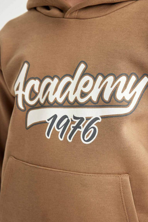 Коричневый толстый свитшот обычного кроя с капюшоном и карманами для мальчика - Defacto фото 5