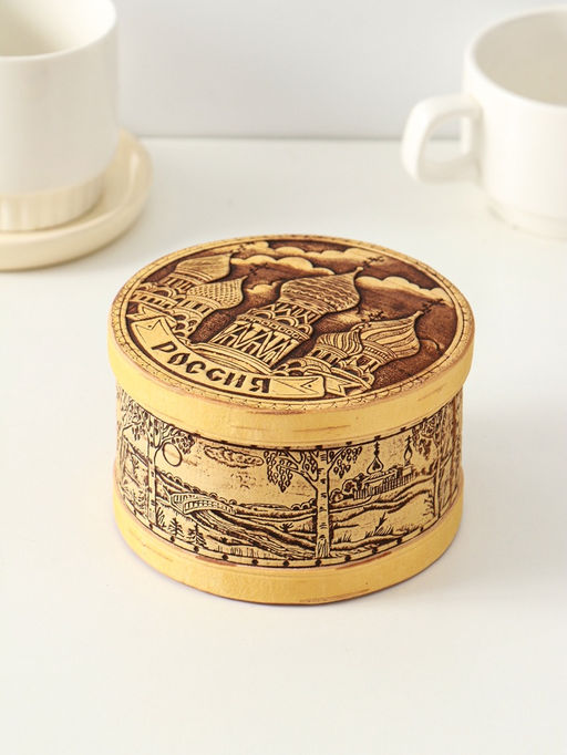 Шкатулка круглая "Россия", 12х7см, береста