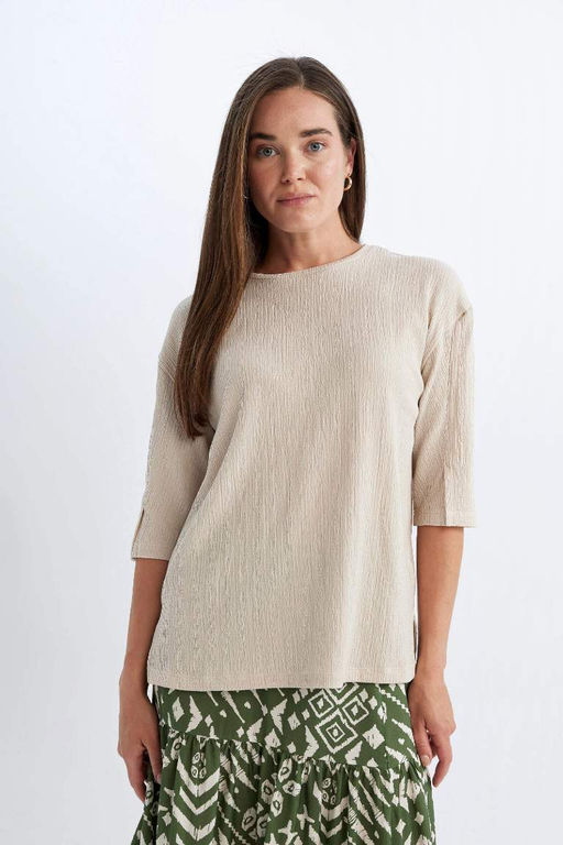 Женская футболка обычного кроя с круглым вырезом и короткими рукавами - Defacto фото 3