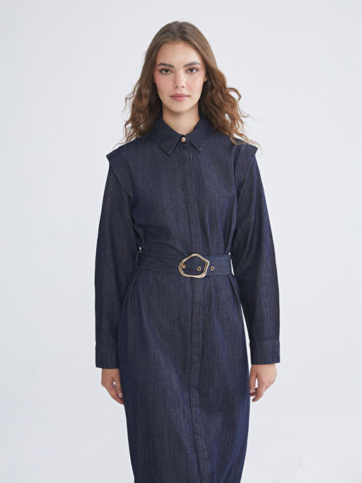 G?mlek Yaka Kemerli Jean Elbise