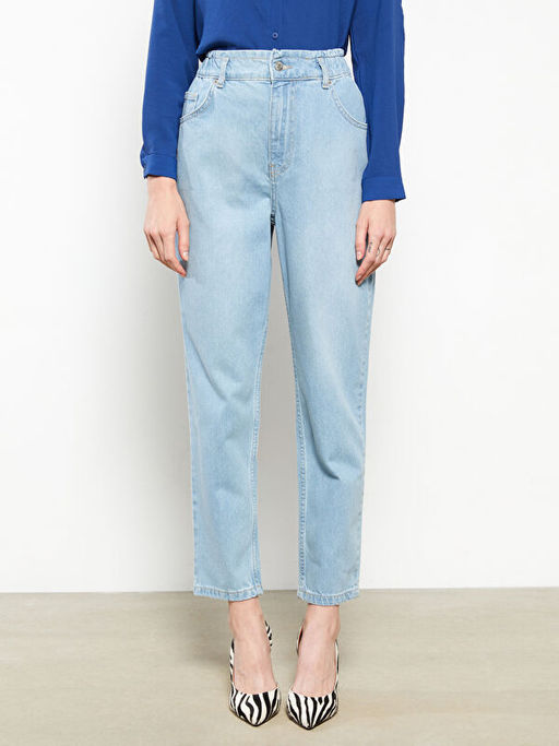 Kad?n Y?ksek Bel Rahat Kal?p D?z Jean Pantolon