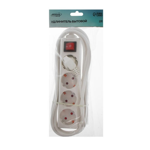 Удлинитель Luazon Lighting, 4 розетки, 3 м, 10 А, 2200 Вт, 3×1.5 мм2, с заземлением, с выключателем, белый