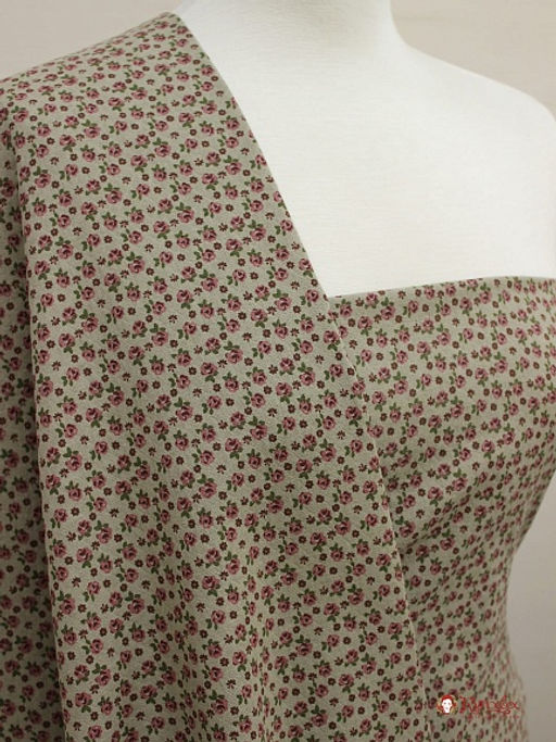 Муслин двухслойный с эф.фактурной стежки Винтажные розочки на серо-оливковом, ш.1.43м, хл-100% - Купава фото 2