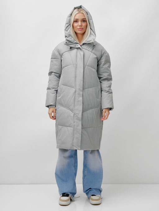 Пальто летучая мышь женское с капюшоном зимнее серого цвета 9616Sr - Mtforce фото 6