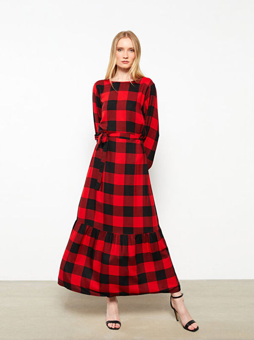 Bisiklet Yaka Ekose Uzun Kollu Gabardin Kad?n G?mlek Elbise