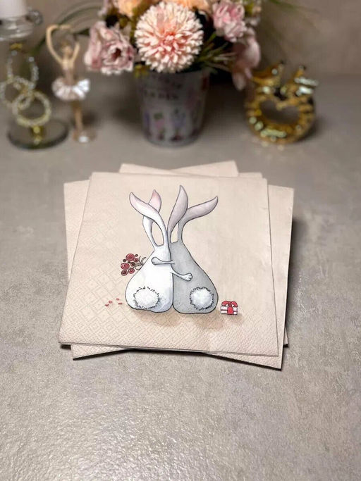 Салфетки бумажные "Art Bouquet" 33х33см, 3-х слойные, 20 штук в упаковке, 100% целлюлоза, "Влюбленные зайцы" (Россия)