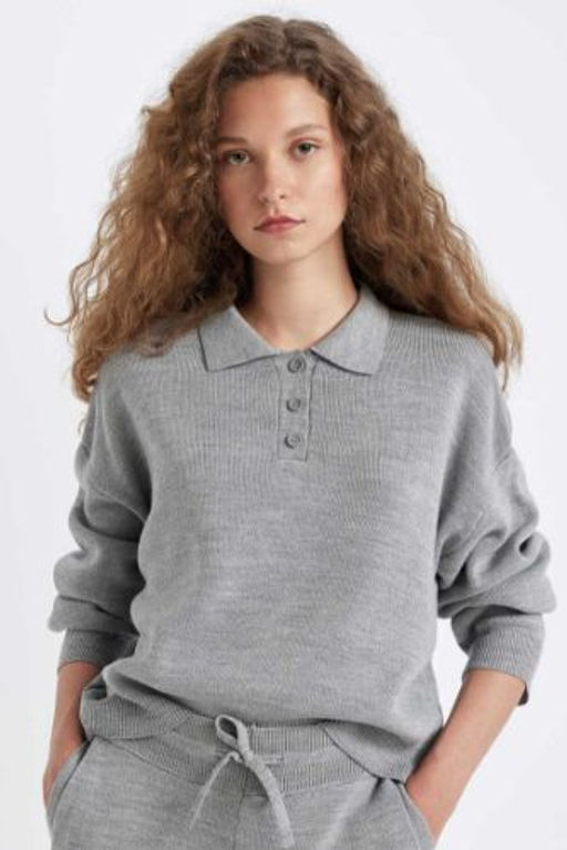Coool Regular Fit Polo Yaka Dugmeli Basic Duz Triko Kazak