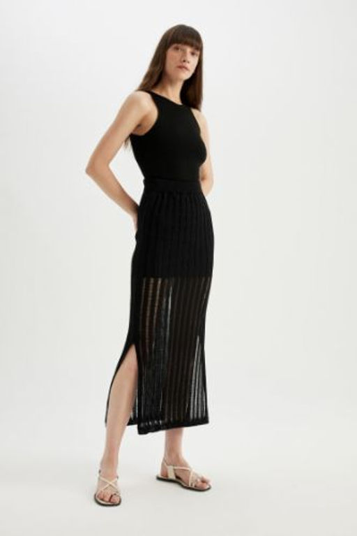 Regular Fit Y?rtmacl? Triko Orgu Midi Etek