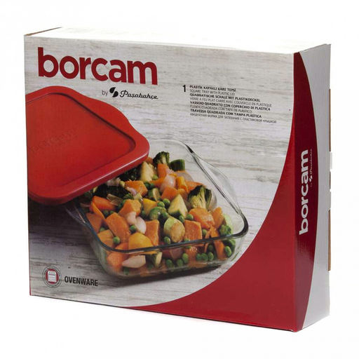 "Боркам (Borcam)" Форма стеклянная жаропрочная 1,95л, 22х22х6см, с ручками, пластмассовая крышка, цветная коробка, Pasabahce (Турция)