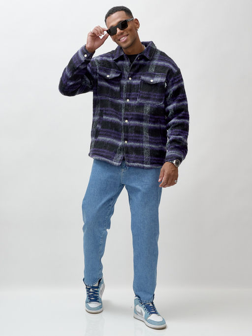 Куртка рубашка шерстяная в клетку мужская демисезонная темно-фиолетового цвета 58569TF