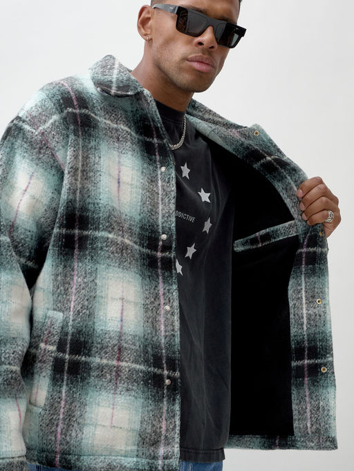 Куртка рубашка шерстяная в клетку мужская демисезонная зеленого цвета 58592Z