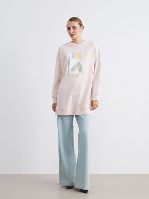 Bisiklet Yaka Bask?l? Kad?n Sweatshirt Tunik