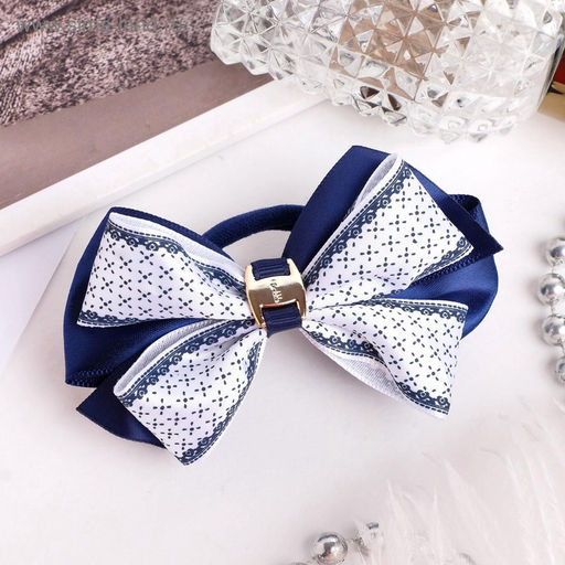 Цена за 6 шт. Бант для волос на резинке «Школьница», текстура, 9.5 см, бело-синий