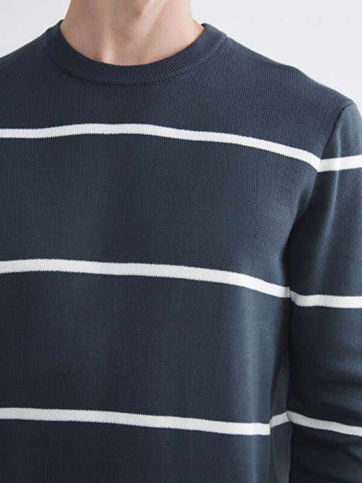 Bisiklet Yaka Uzun Kollu ?izgili Erkek Triko Kazak