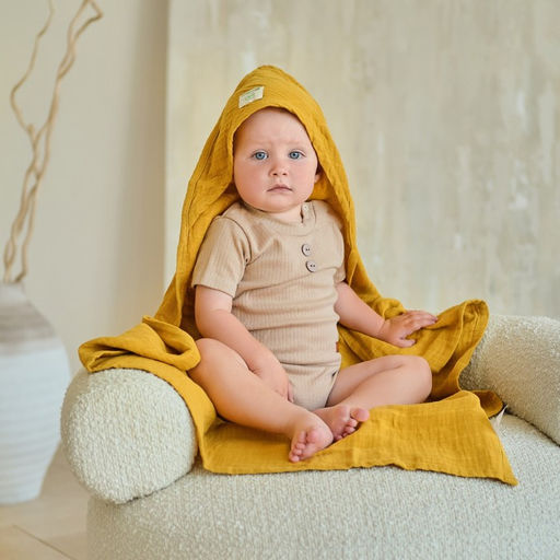 Полотенце уголок муслиновое Крошка Я, 75х75 см, цвет горчичный, 100% хлопок, 3-сл, 180 гр/м2  фото 7